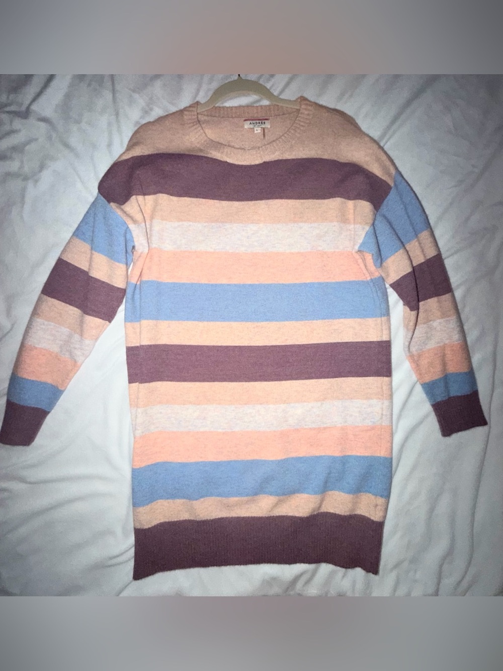 Andree by Unit Striped Crewneck Sweater Dress in Peach, Blue & Mauve